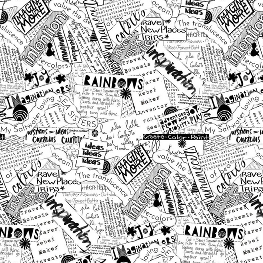 Writing on the Wall Word Collage White quilting cotton close-up — dense black and white collage of overlapping hand-lettered words, cut-out text snippets, and bold typography including Imagine More, Intention, Inspiration, Joy, Rainbows, Sea Sisters, Curious, Maker, Rebel, Inventor, ideas ideas ideas, Create Color Paint — FreeSpirit Fabrics, 100% cotton