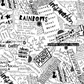 Writing on the Wall Word Collage White quilting cotton by FreeSpirit Fabrics — close-up of dense black and white overlapping hand-lettered word collage with bold typography including Imagine More, Inspiration, Joy, Rainbows, Curious, Maker, and Create Color Paint — a graphic modern text print, 100% cotton, 43–44" wide