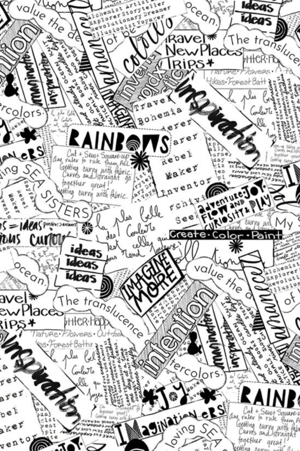 Writing on the Wall Word Collage White quilting cotton by FreeSpirit Fabrics — close-up of dense black and white overlapping hand-lettered word collage with bold typography including Imagine More, Inspiration, Joy, Rainbows, Curious, Maker, and Create Color Paint — a graphic modern text print, 100% cotton, 43–44" wide