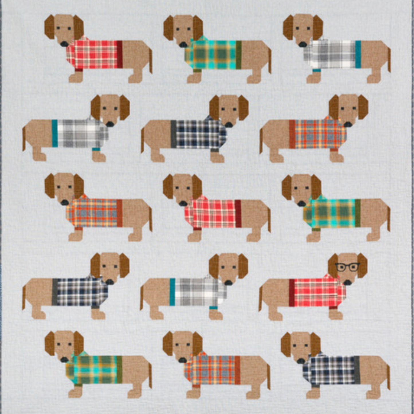Dogs in Sweaters quilt pattern by Elizabeth Hartman – front cover showing dachshunds in plaid sweaters on white background