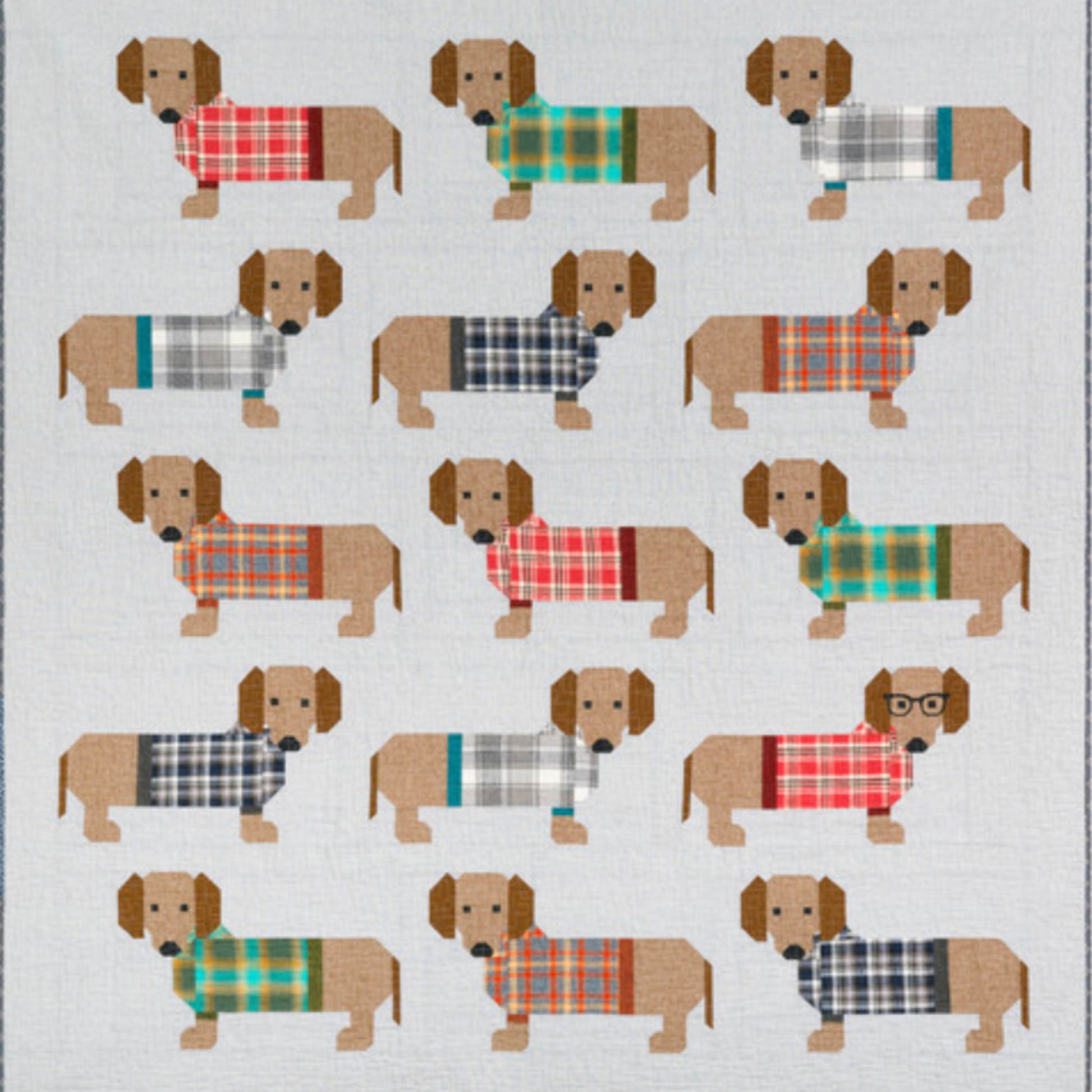 Dogs in Sweaters quilt pattern by Elizabeth Hartman – front cover showing dachshunds in plaid sweaters on white background