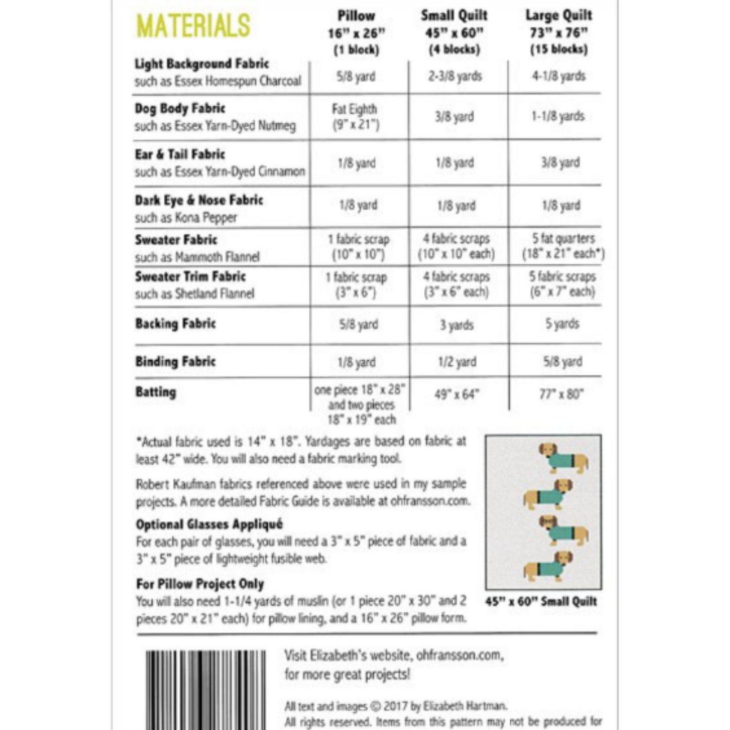 Dogs in Sweaters quilt pattern by Elizabeth Hartman – back cover with fabric requirements and yardage chart