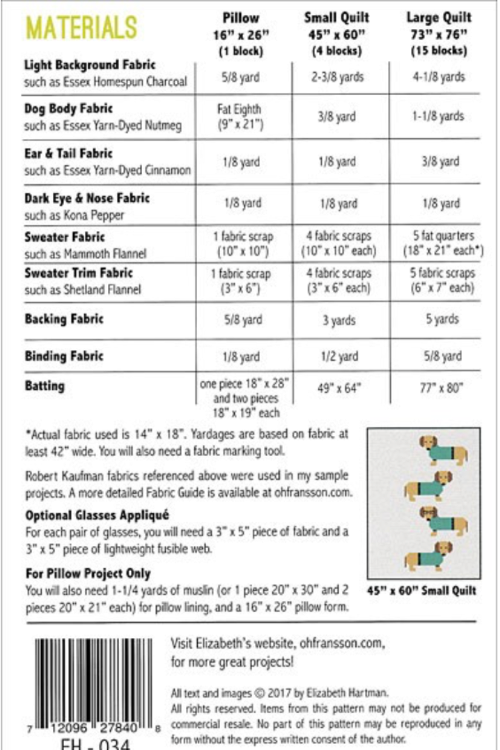 Dogs in Sweaters quilt pattern by Elizabeth Hartman – fabric requirements and materials list for beginner-friendly patchwork dog quilt