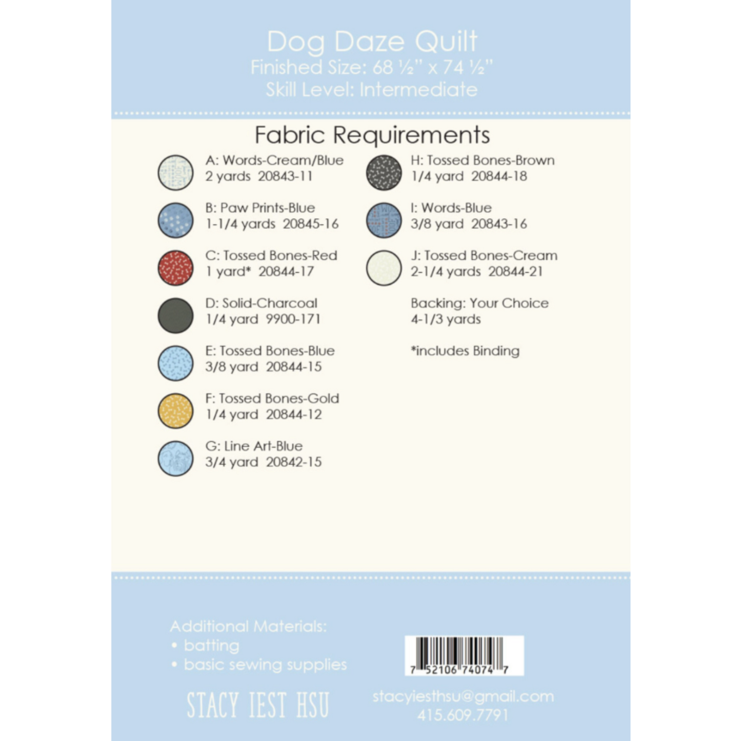 Dog Daze quilt pattern by Stacy Iest Hsu – back cover with fabric requirements and yardage details