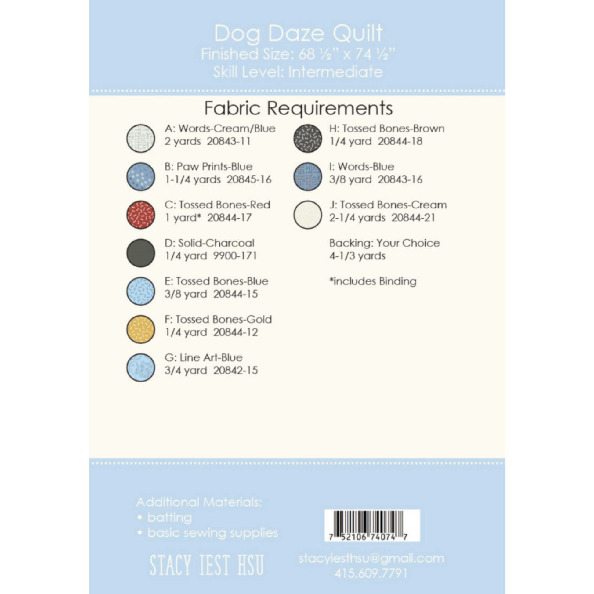 Dog Daze quilt pattern by Stacy Iest Hsu – back cover with fabric requirements and yardage details