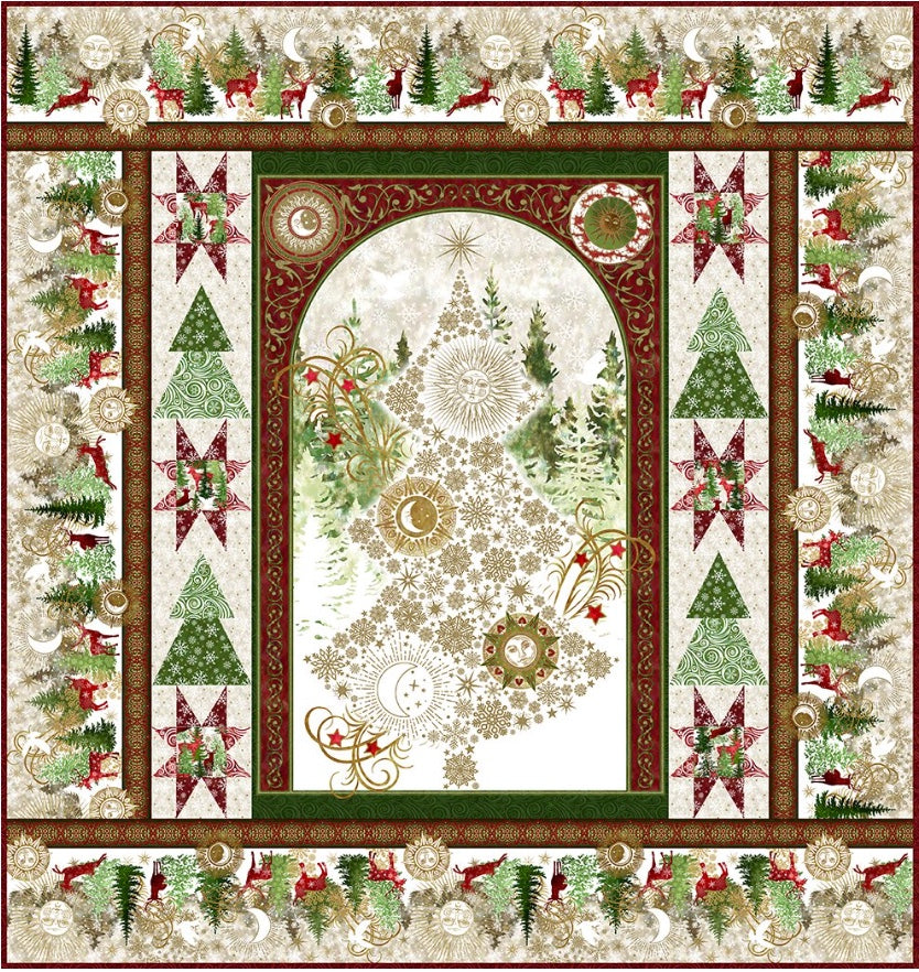 Winter Solstice II fabric by Jason Yenter — festive winter design with snowflakes and metallic accent