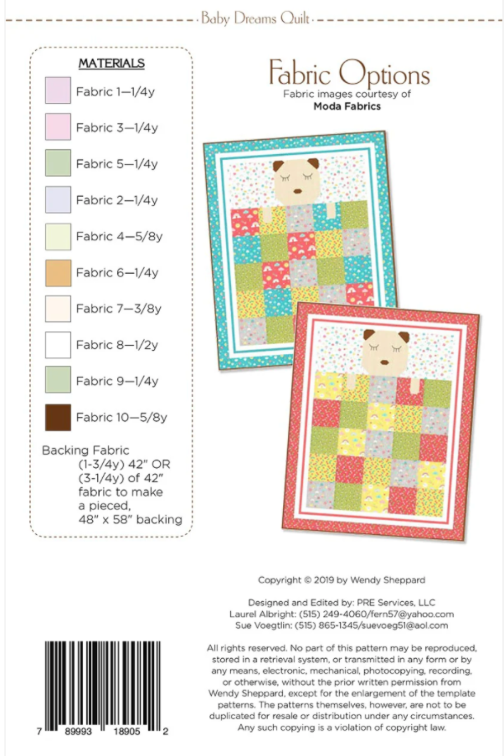 Baby Dreams Quilt pattern by Wendy Sheppard – back cover with fabric requirements and kitten & puppy face options