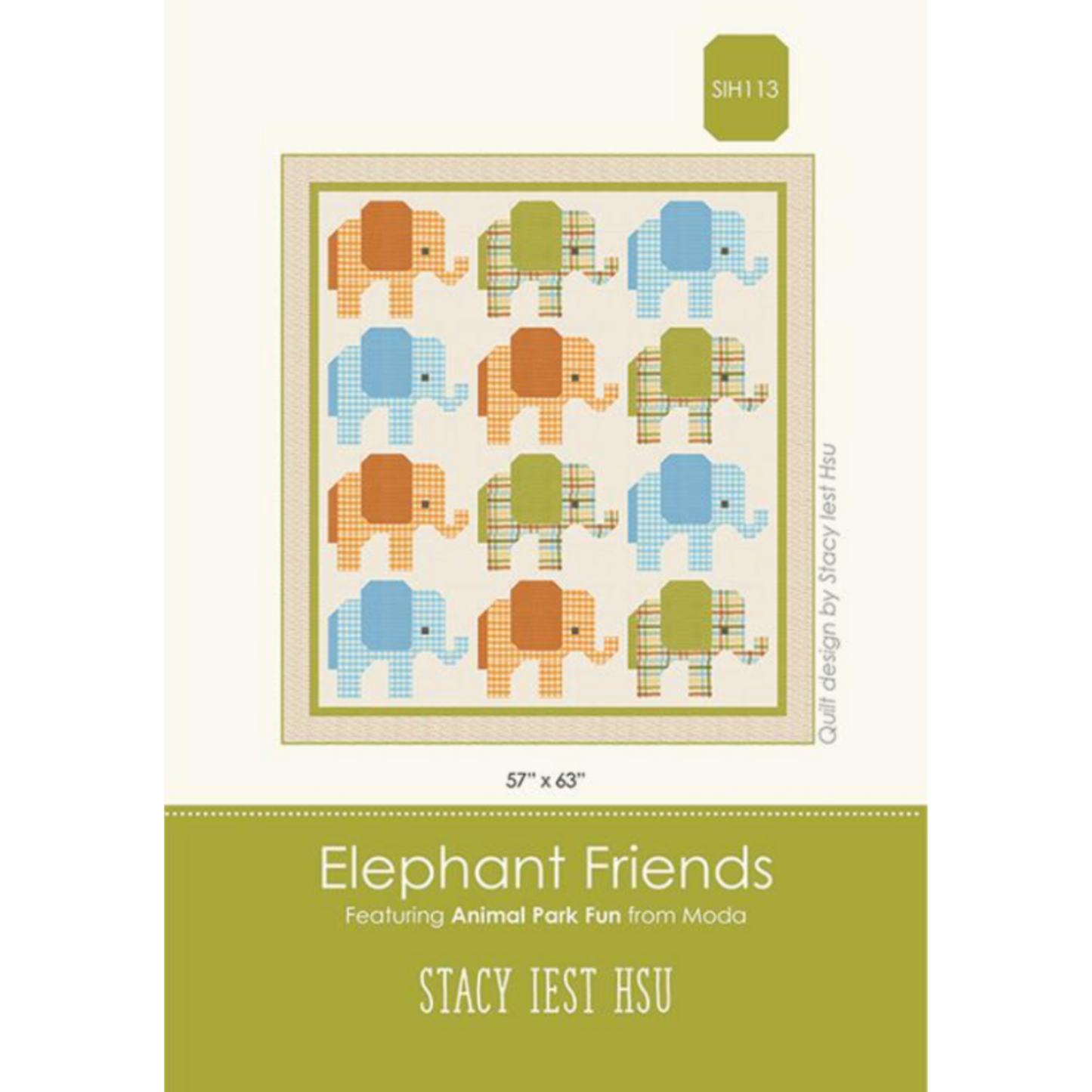 Elephant Friends quilt pattern by Stacy Iest Hsu – 12 patchwork elephants in dots and checks, advanced beginner quilt 57 x 63 inches