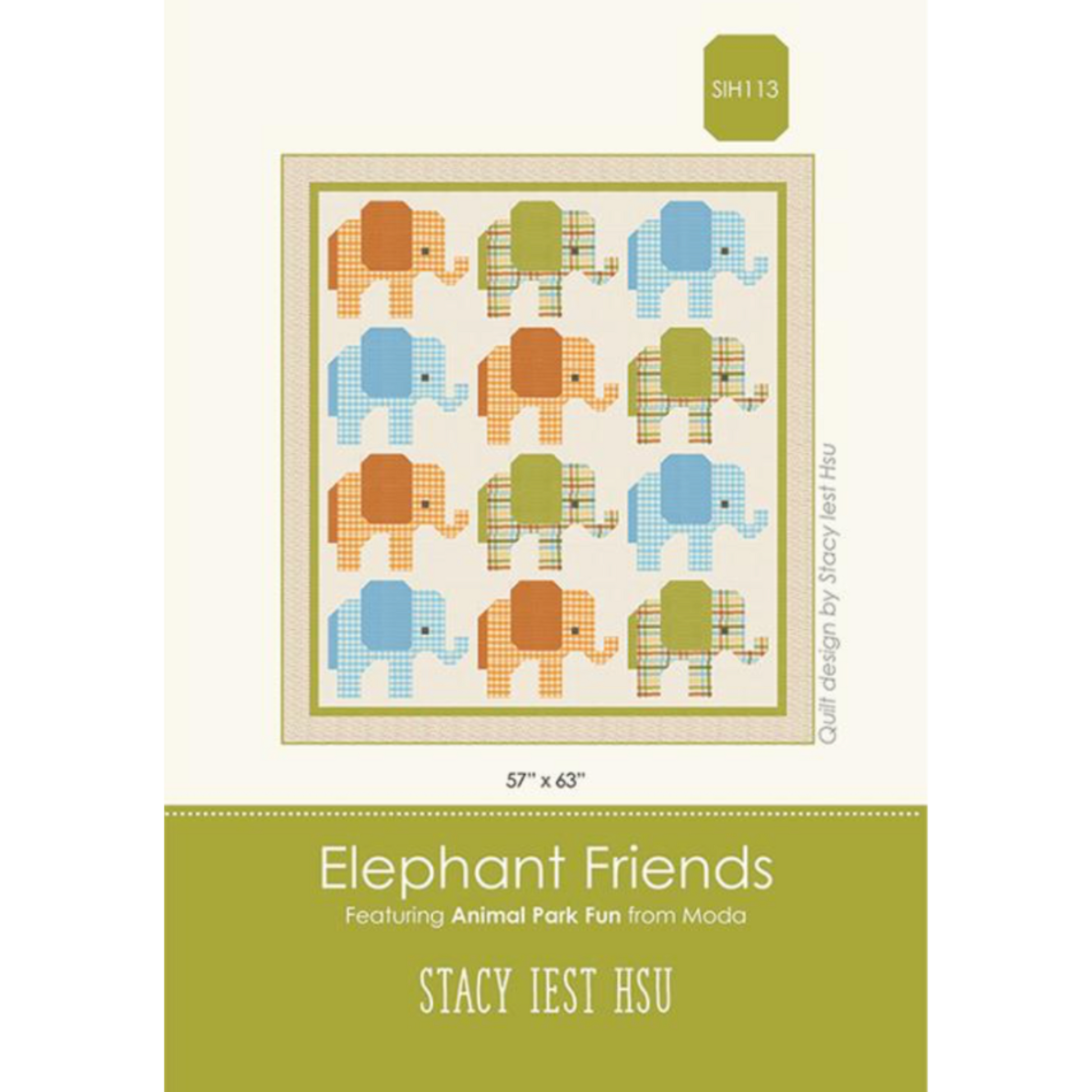 Elephant Friends quilt pattern by Stacy Iest Hsu – 12 patchwork elephants in dots and checks, advanced beginner quilt 57 x 63 inches