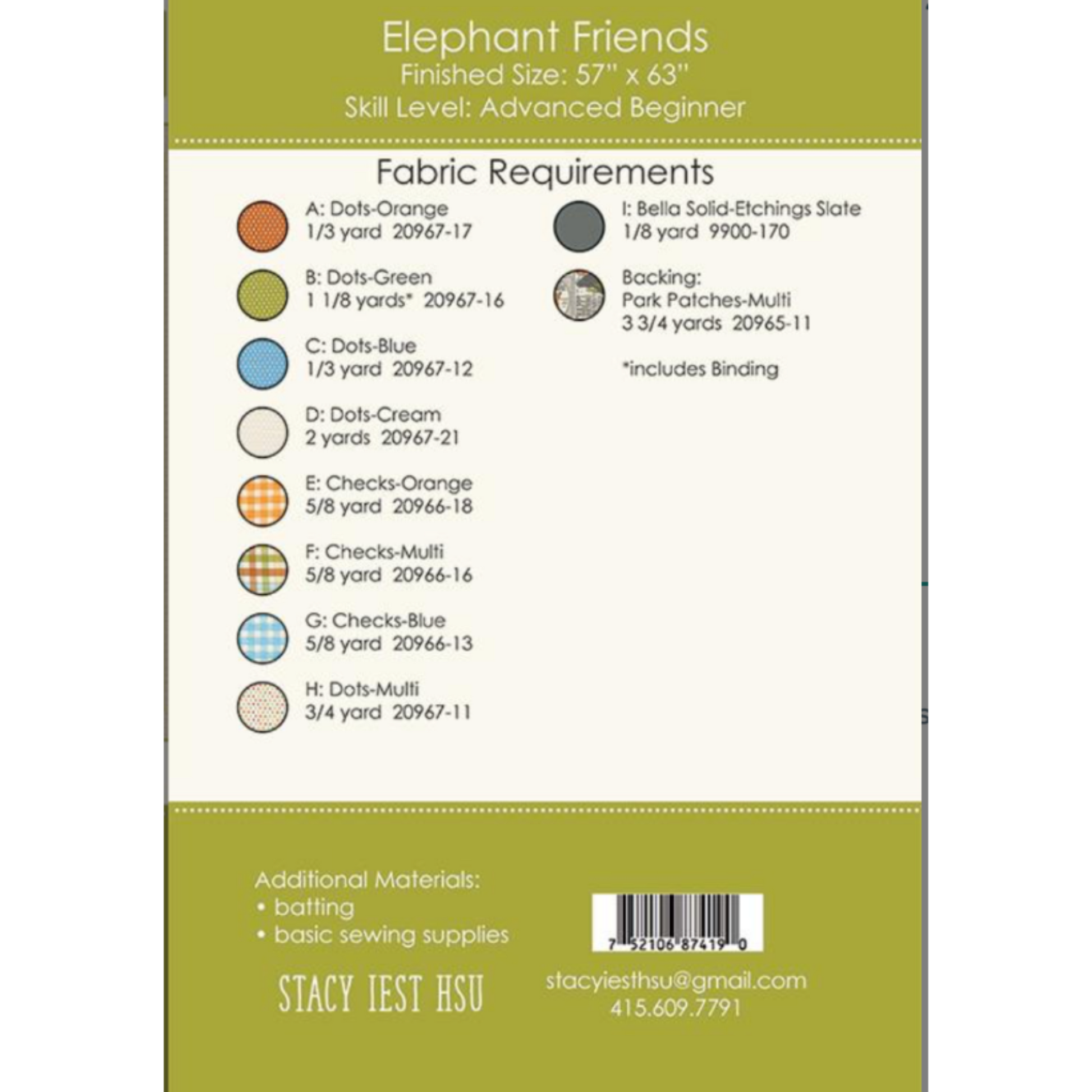 Elephant Friends quilt pattern by Stacy Iest Hsu – back cover with fabric requirements for dots and checks colorways