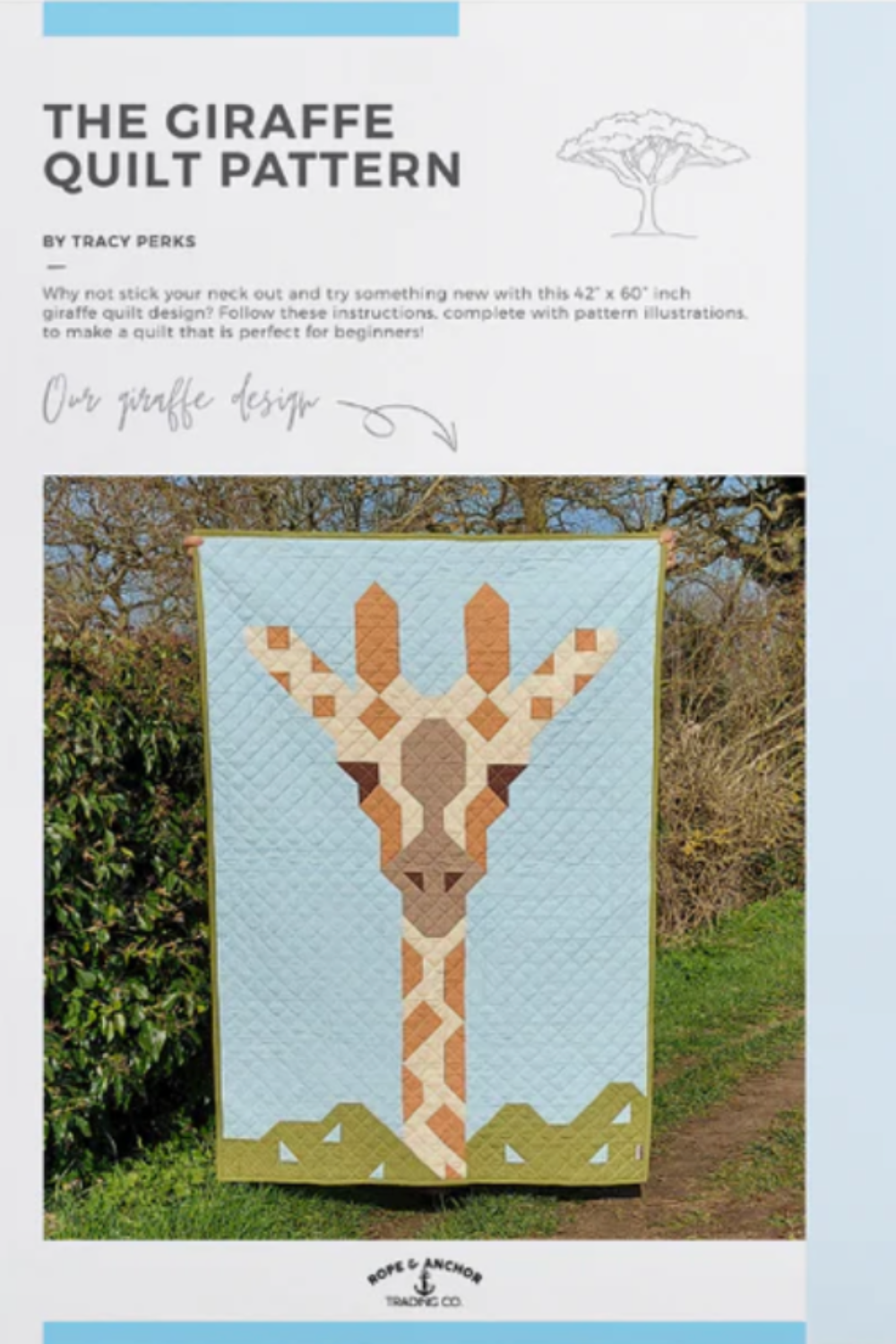 The Giraffe Quilt Pattern by Tracy Perks – patchwork giraffe portrait quilt in sky blue, green, and earthy browns, beginner friendly 42 x 60 inches – Shop at IraRobi Quilts