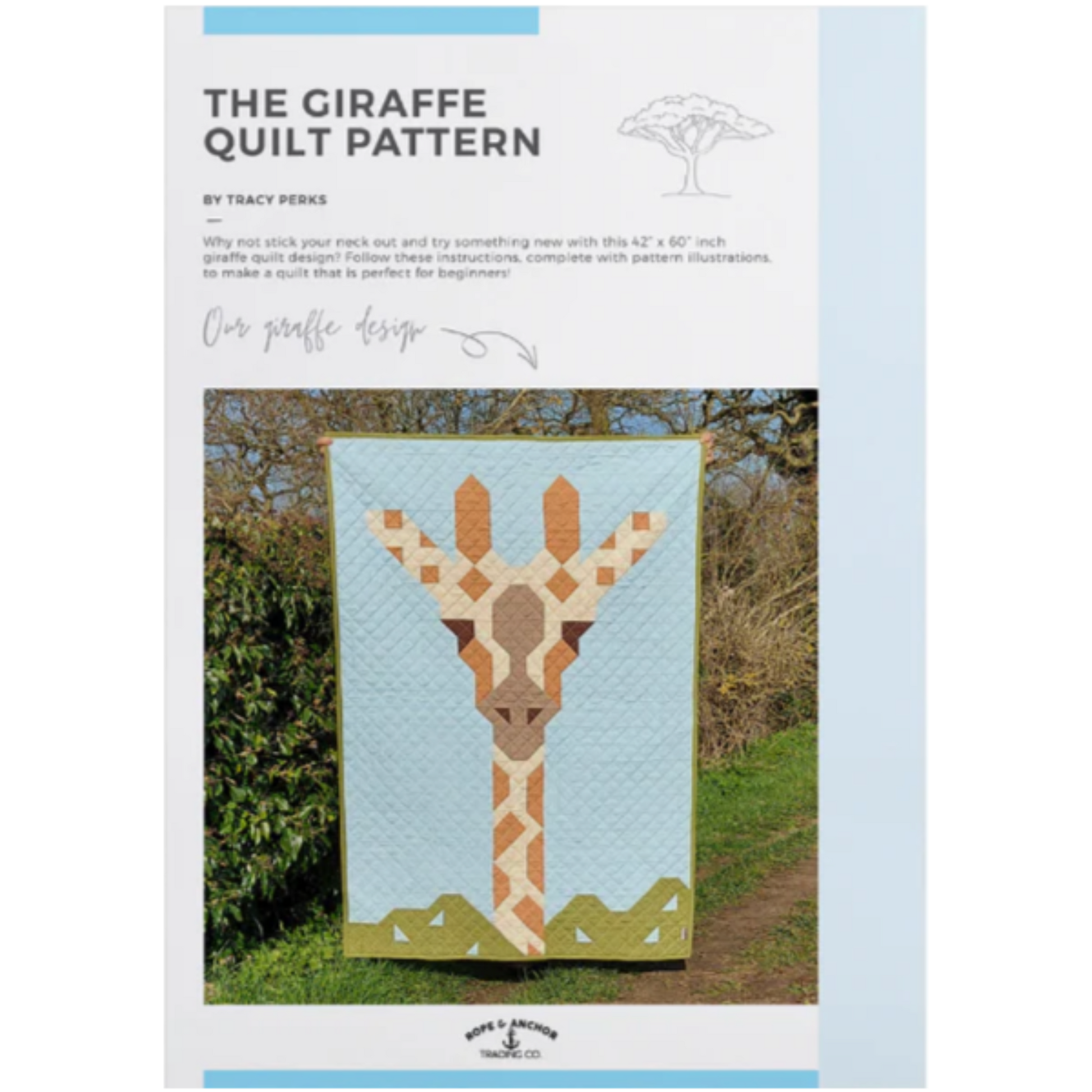 The Giraffe Quilt Pattern by Tracy Perks – patchwork giraffe portrait quilt in sky blue, green, and earthy browns, beginner friendly 42 x 60 inches
