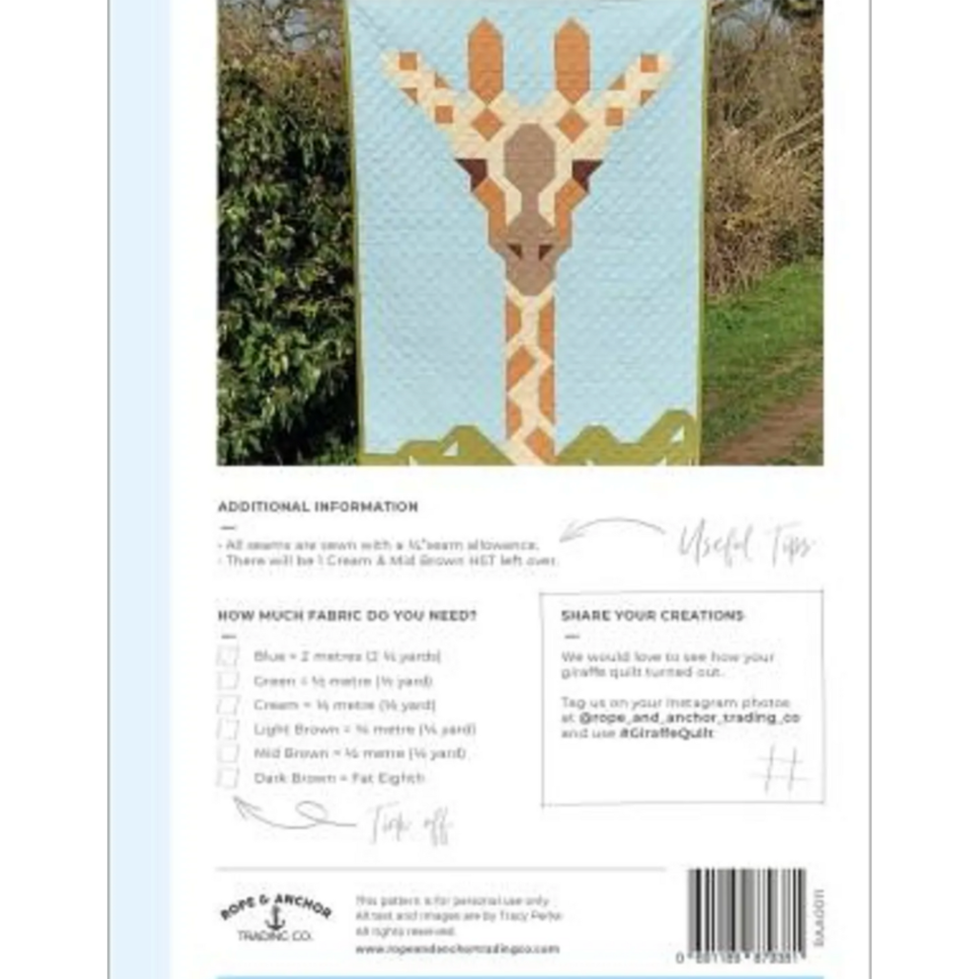 The Giraffe Quilt Pattern by Tracy Perks – back cover with fabric requirements and useful tips for beginner giraffe quilt