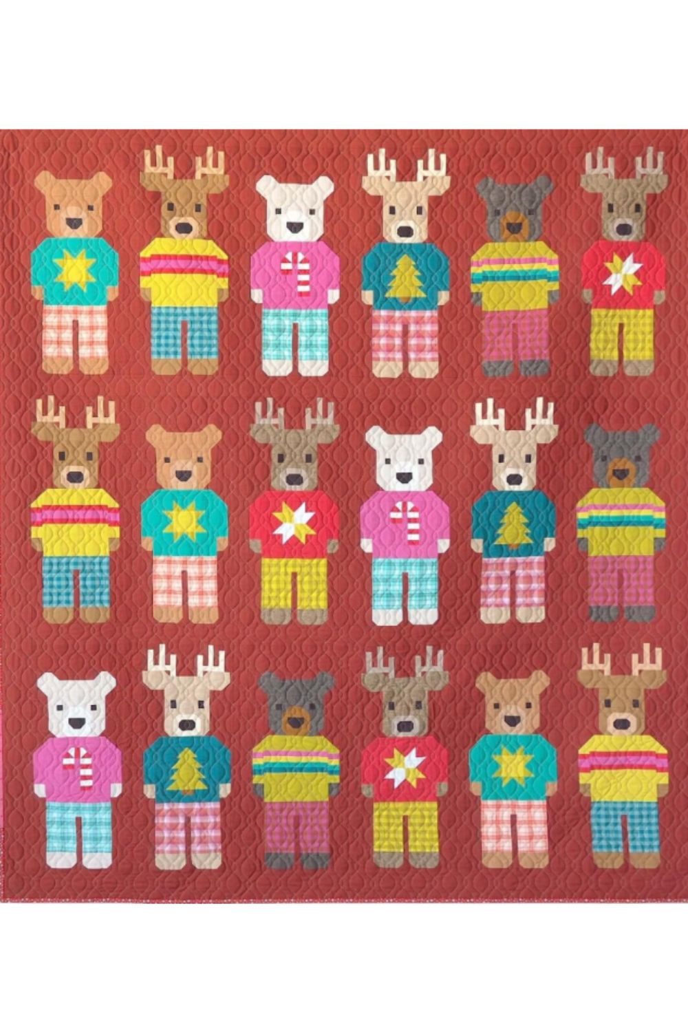 Randolph & Rudy quilt pattern by Elizabeth Hartman – 18-block Christmas quilt with patchwork bears and reindeer in colorful sweaters on red background – Shop at IraRobi Quilts