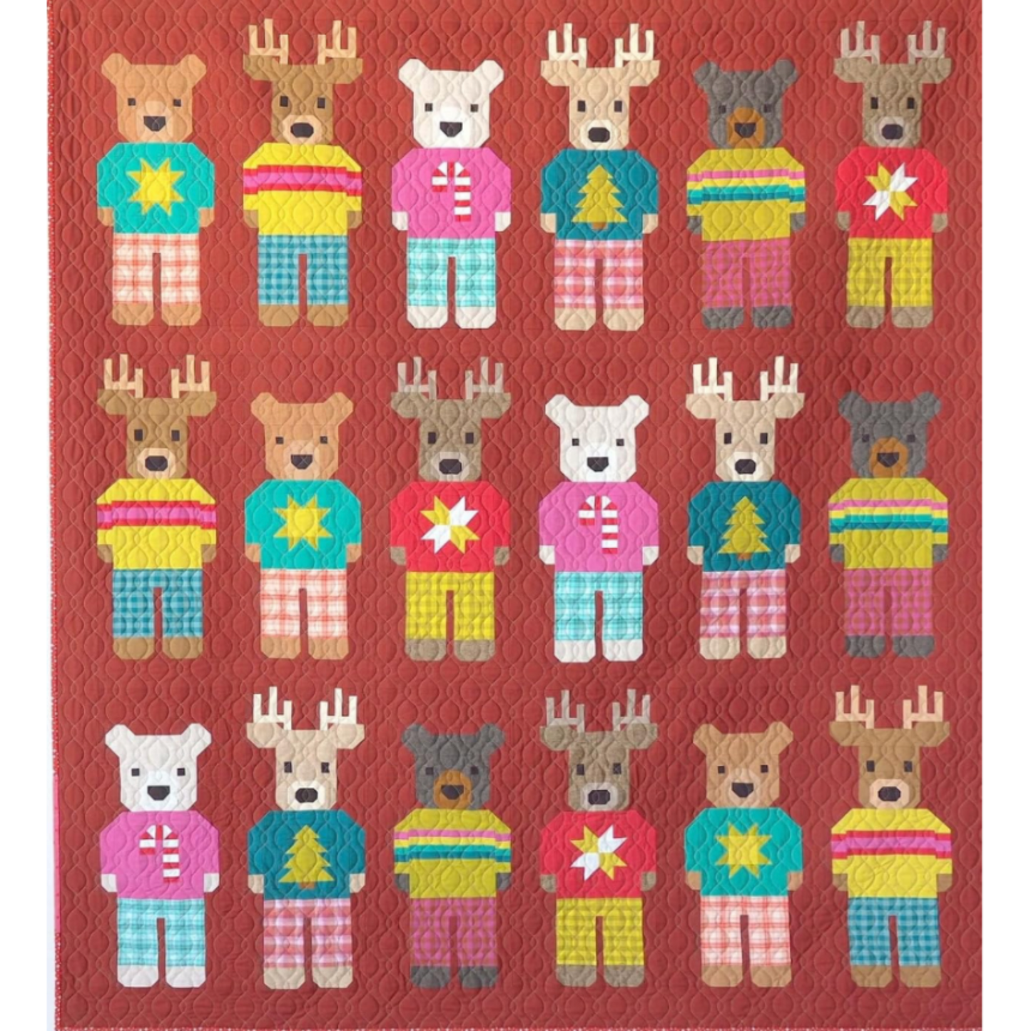 Randolph & Rudy quilt pattern by Elizabeth Hartman – 18-block large quilt with patchwork bears and reindeer in colorful Christmas sweaters on red background