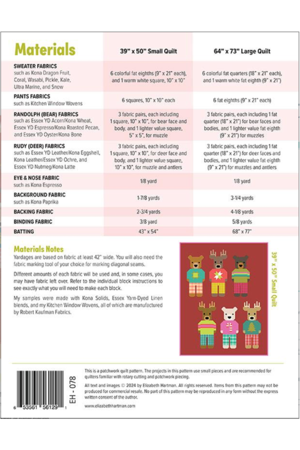 Randolph & Rudy quilt pattern by Elizabeth Hartman – materials list for small and large Christmas bear and reindeer patchwork quilt – Shop at IraRobi Quilts