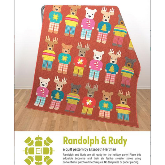 Randolph & Rudy quilt pattern by Elizabeth Hartman – patchwork bear and reindeer in festive holiday sweaters, beginner Christmas quilt 39x50 or 64x73 inches