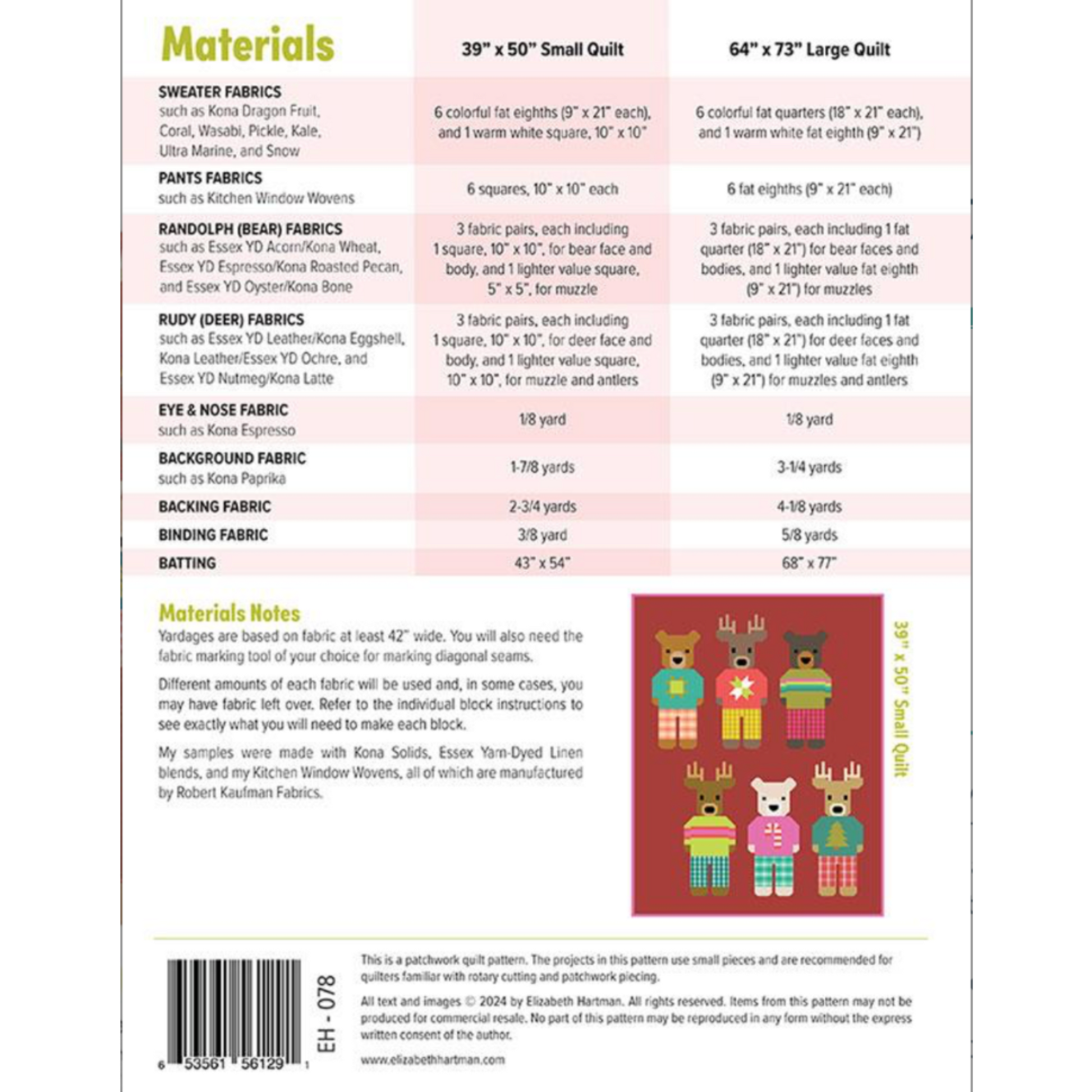 Randolph & Rudy quilt pattern by Elizabeth Hartman – back cover with full materials list for small and large Christmas bear and reindeer quilt