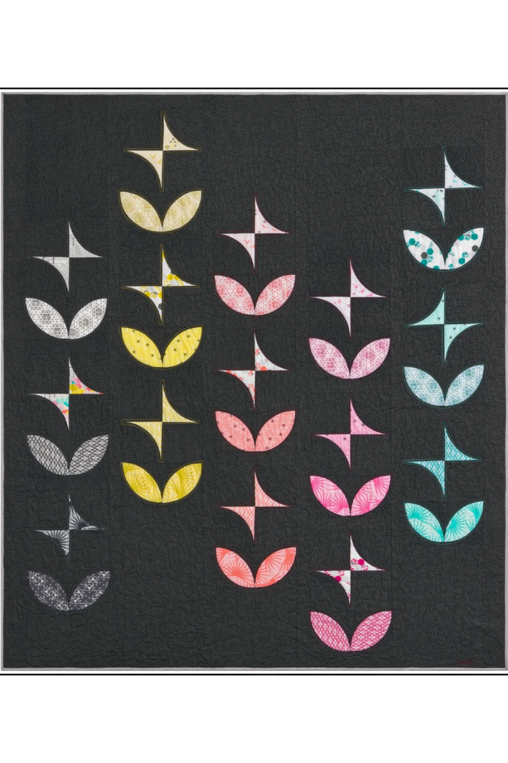 Orange Peels & Pinwheels quilt pattern by Violet Craft – modern curved piecing quilt with colorful blocks on dark background, 75 x 87 inches – Shop at IraRobi Quilts
