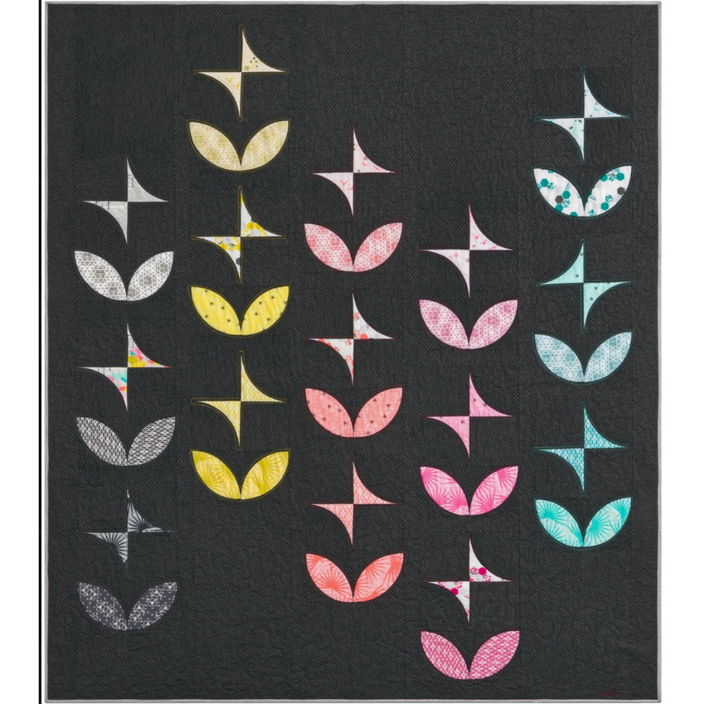 Orange Peels & Pinwheels quilt pattern by Violet Craft – modern curved piecing quilt with colorful orange peel and pinwheel blocks on dark background, 75 x 87 inches