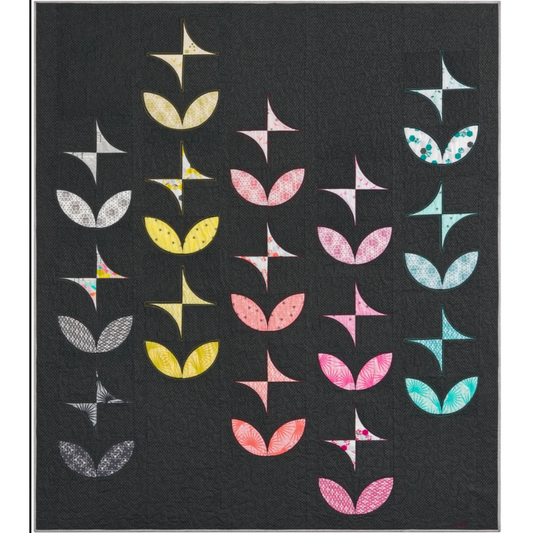 Orange Peels & Pinwheels quilt pattern by Violet Craft – modern curved piecing quilt with colorful orange peel and pinwheel blocks on dark background, 75 x 87 inches