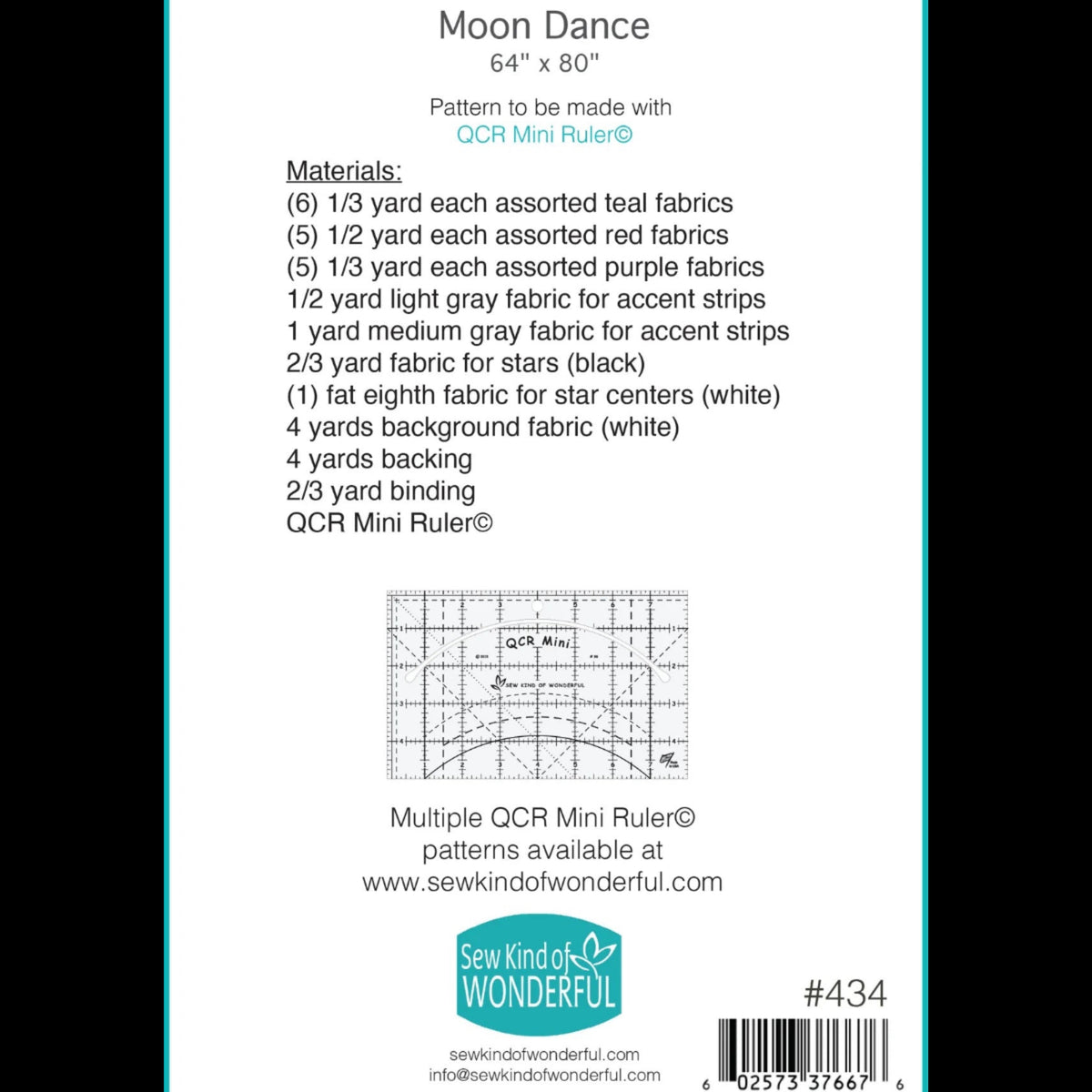 Back cover of Moon Dance quilt pattern #434 by Sew Kind of Wonderful, showing fabric requirements for a 64 × 80-inch quilt and the required QCR Mini ruler.