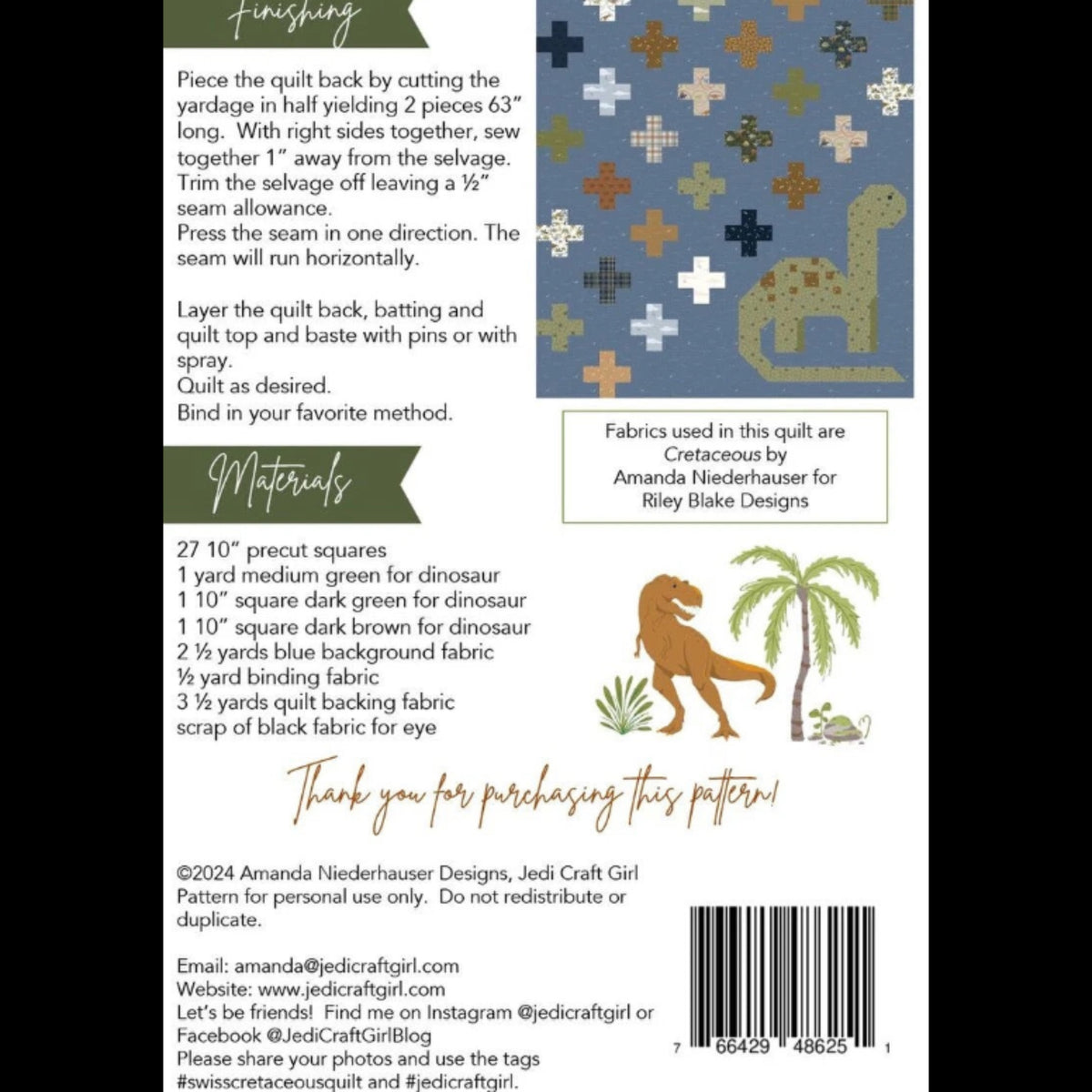 Swiss Cretaceous quilt pattern back page by Amanda Niederhauser of Jedi Craft Girl, showing the dinosaur and cross-block quilt, fabric requirements, and finishing instructions.