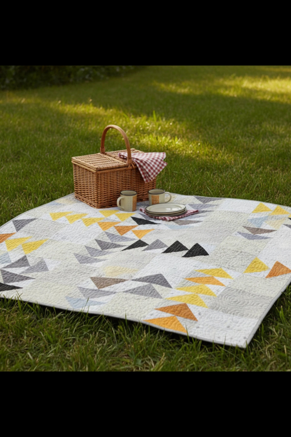 Writing on the Wall quilting cotton collection by FreeSpirit Fabrics -- Spotted Geese quilt spread on summer grass as a picnic blanket, featuring flying geese blocks in black word collage, white word collage, and golden yellow abstract scratch print fabrics on a white background, styled with a wicker picnic basket, ceramic mugs, and stacked plates