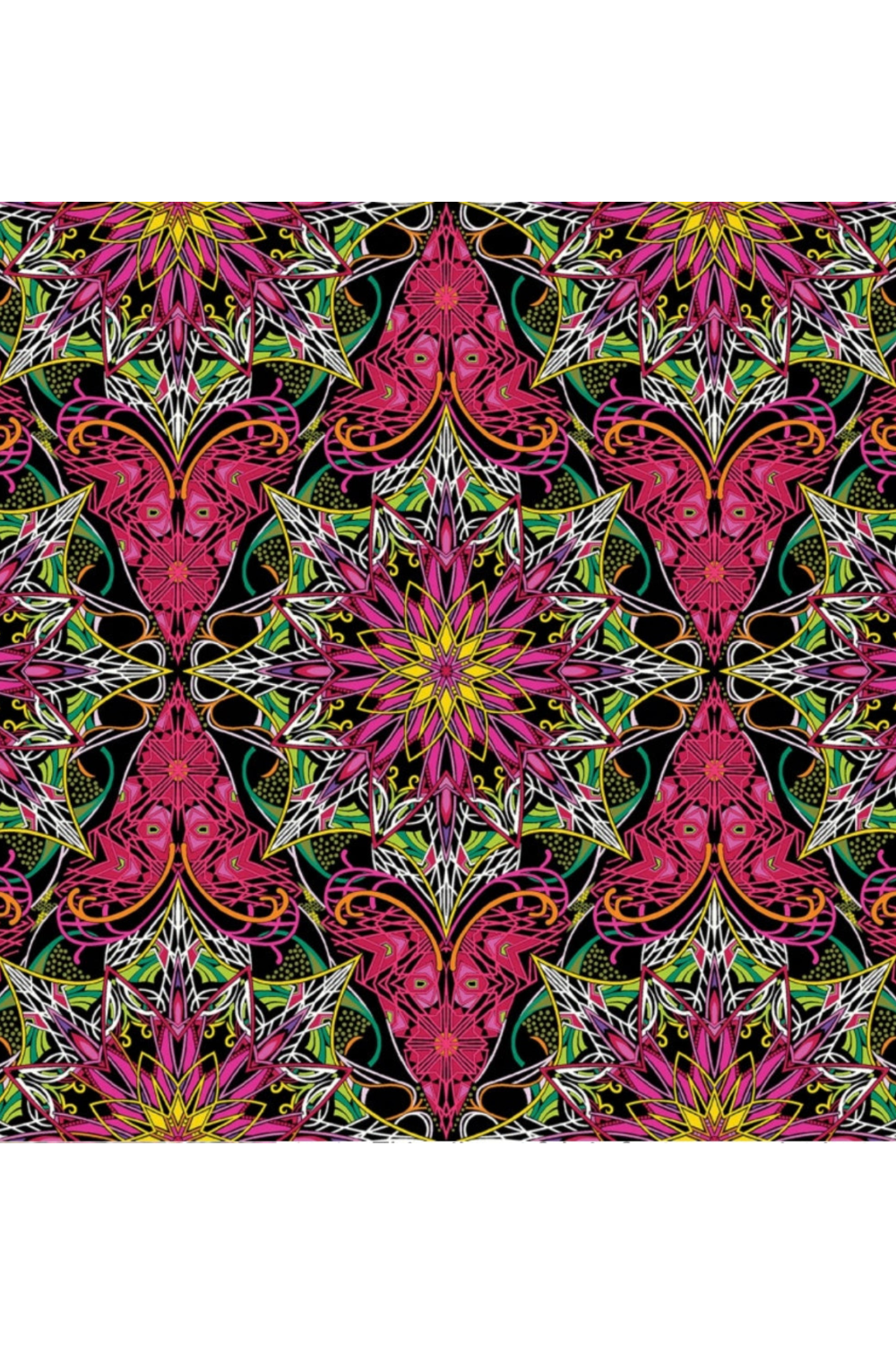 Needle Stars Byzantium Red/Multi quilting cotton by Paula Nadelstern for Benartex – bold jewel-toned kaleidoscopic mandala star print in magenta, hot pink, forest green, yellow, orange, white, and purple on black, 100% cotton, 43–44" wide