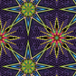 What If Radio Star Purple/Multi quilting cotton by Paula Nadelstern for Benartex — electric needle-point starbursts in sky blue, chartreuse, magenta, and yellow on deep violet and black crosshatch ground, stunning jewel-toned focal fabric, 100% cotton, 43–44" wide. Quilt blocks shown for inspiration. Coordinating fabrics and quilt patterns are available at IraRobi Quilts.
