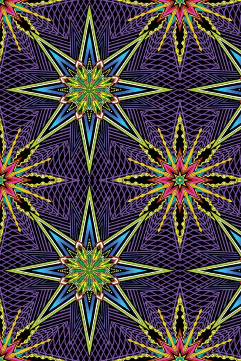 What If Radio Star Purple/Multi quilting cotton by Paula Nadelstern for Benartex — electric needle-point starbursts in sky blue, chartreuse, magenta, and yellow on deep violet and black crosshatch ground, stunning jewel-toned focal fabric, 100% cotton, 43–44" wide. Quilt blocks shown for inspiration. Coordinating fabrics and quilt patterns are available at IraRobi Quilts.