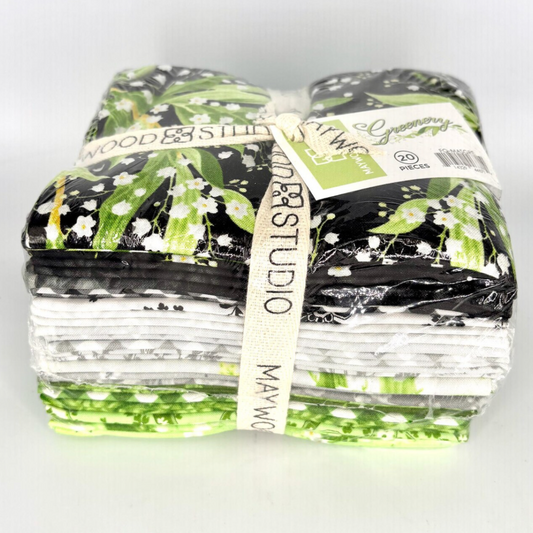 Maywood Studio Greenery Fat Quarter Bundle – 20 pieces in black, white and green lily-of-the-valley botanical prints, front view with Greenery tag