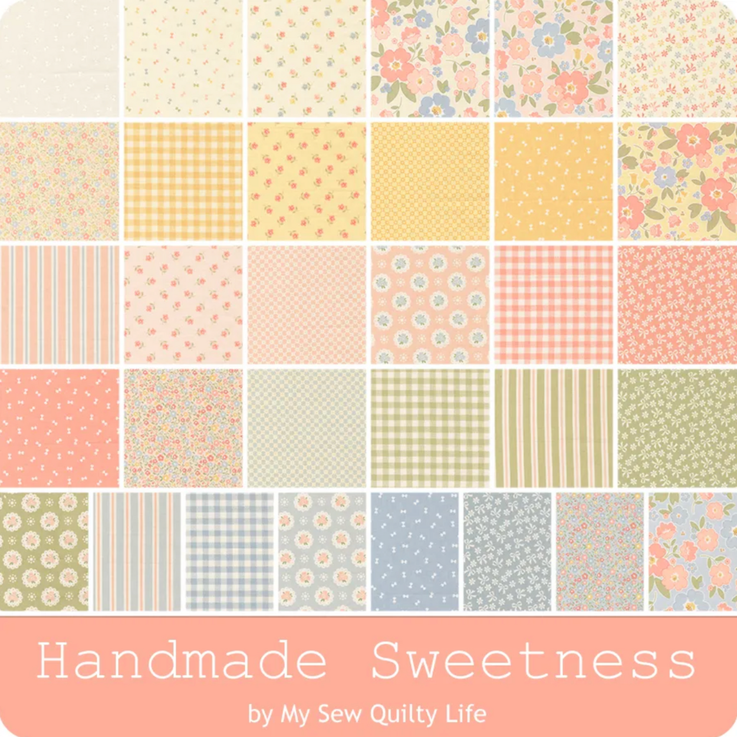 Handmade Sweetness by Heather Briggs of My Sew Quilty Life for Moda Fabrics – full collection swatch card showing 24 prints in blush pink, butter yellow, sage green, powder blue and cream florals, gingham checks, stripes and ditsy prints