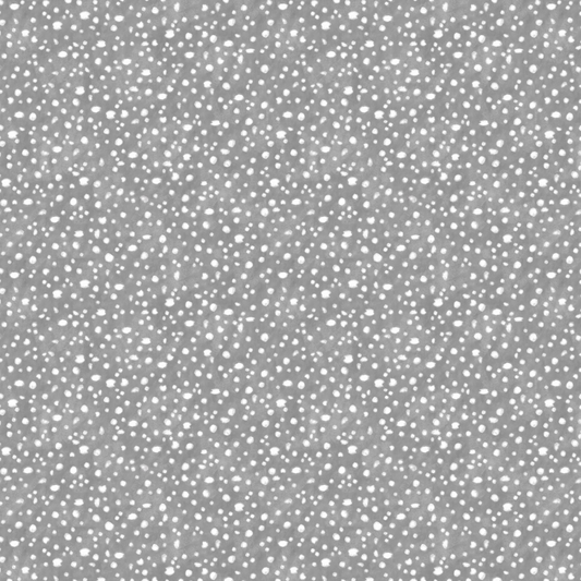 Essentials Connect The Dots Gray quilting cotton by Susan Winget for Wilmington Prints -- close-up flat lay showing warm grey ground with tossed soft white scattered dots in varying sizes, a versatile low-volume blender fabric
