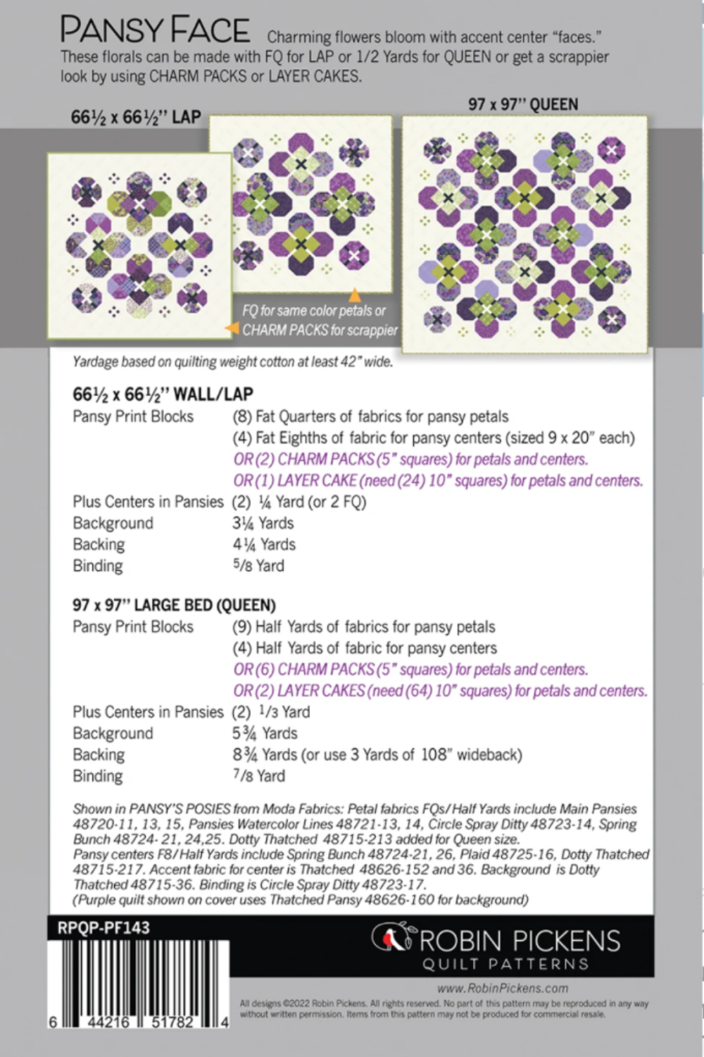 Pansy Face quilt pattern by Robin Pickens — 66.5" lap or 97" queen, precut friendly with Layer Cakes or Charm Packs. Printed paper pattern. Shop at IraRobi Quilts! #QuiltPattern #ModaFabrics #PansyQuilt
