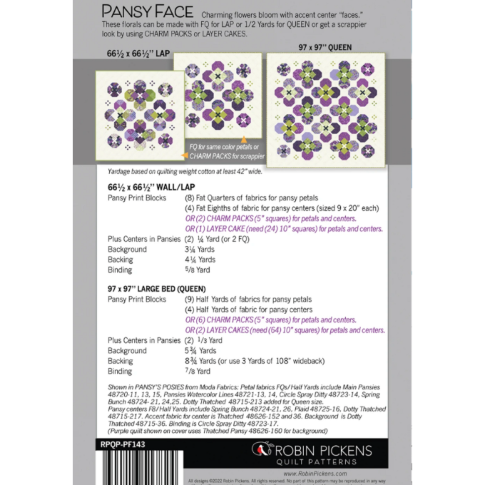 Pansy Face quilt pattern back cover showing lap and queen size layouts, fabric requirements, and finished dimensions by Robin Pickens