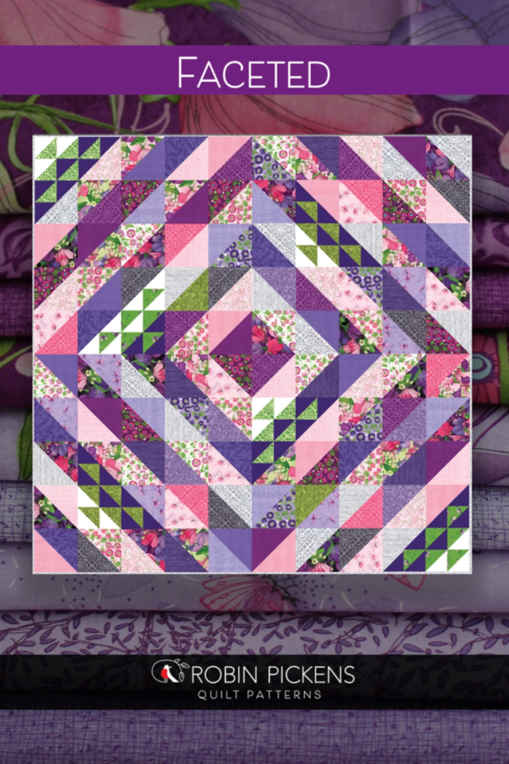 HSTs radiate like facets of crystal! Faceted by Robin Pickens — fat quarter friendly, 75"×75". Shop at IraRobi Quilts! #QuiltPattern #RobinPickens #HSTQuilt