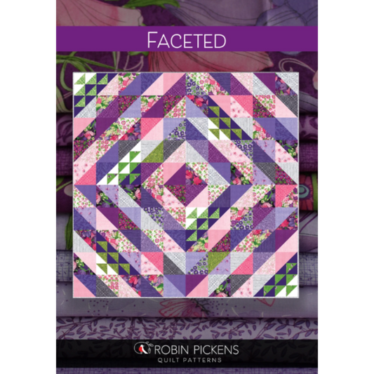 Faceted quilt pattern cover by Robin Pickens — purple, pink and green HST design on fabric bolt background with Robin Pickens Quilt Patterns logo
