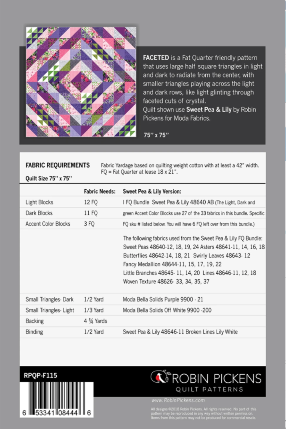 Faceted quilt pattern by Robin Pickens — light & dark half square triangles, fat quarter friendly, intermediate level. Shop at IraRobi Quilts! #QuiltPattern #ModaFabrics #HST