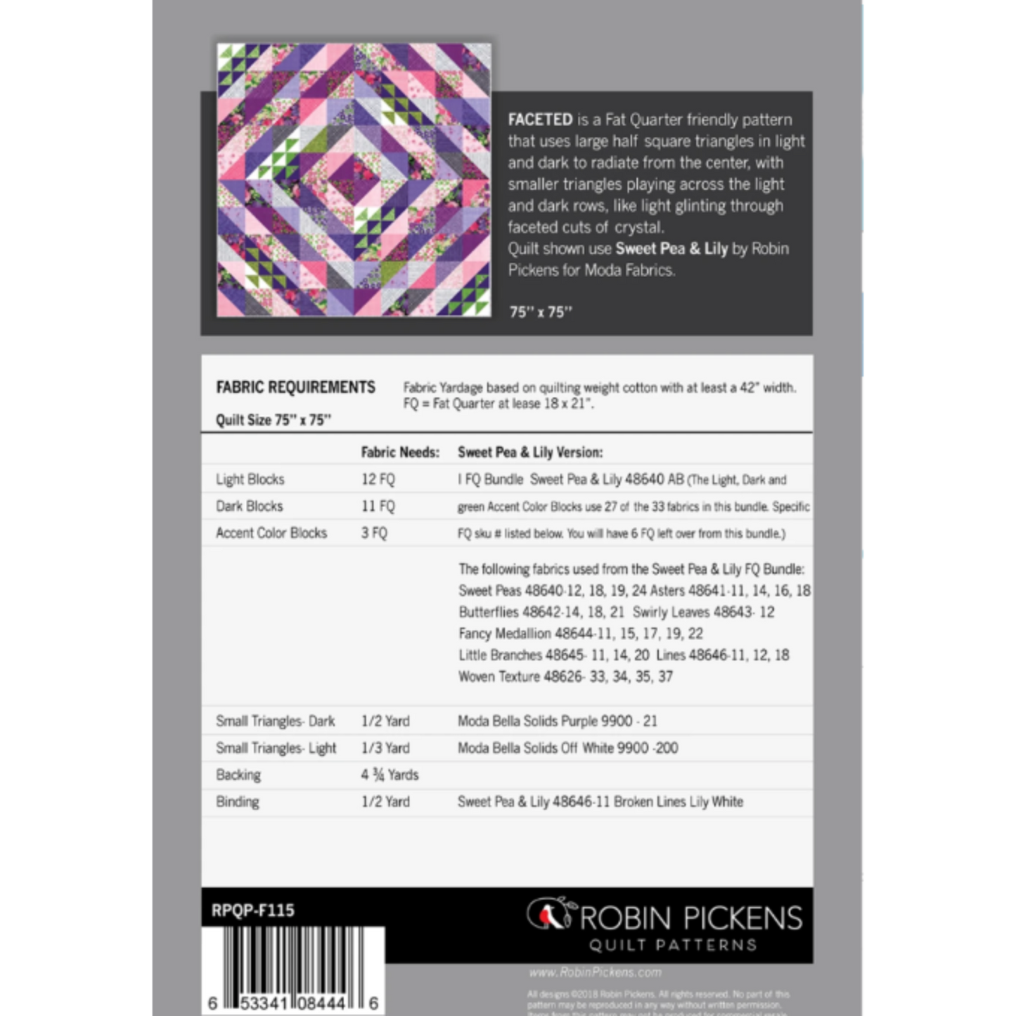 Faceted quilt pattern back cover showing fabric requirements for 75x75 inch quilt, SKU RPQP-F115, and barcode by Robin Pickens