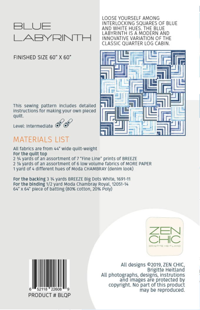 Blue Labyrinth quilt pattern back cover by Zen Chic — 60 x 60 inches, intermediate level, full yardage included! Shop at IraRobi Quilts! #QuiltPattern #ZenChic #LogCabin #LowVolume #ModaFabrics
