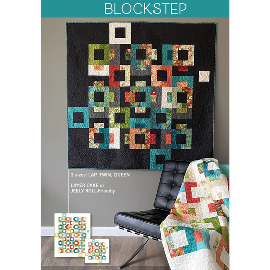 Blockstep quilt pattern cover by Robin Pickens — dark background version on wall with light colorway on black Barcelona chair, 3 sizes: lap, twin and queen, Layer Cake or Jelly Roll friendly