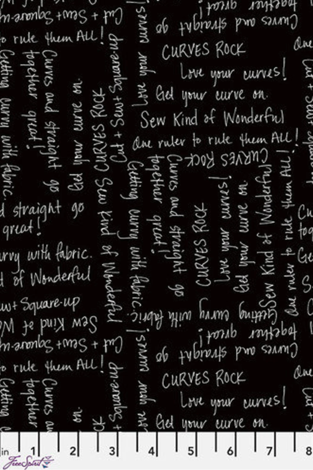 Writing on the Wall Curves Black quilting cotton by Sew Kind of Wonderful for FreeSpirit Fabrics -- scale close-up showing rich black ground with white handwritten quilting phrases Curves Rock, Love your curves, Get your curve on, Cut and Sew and Square-up, and Getting curvy with fabric -- 100% cotton, 43-44" wide
