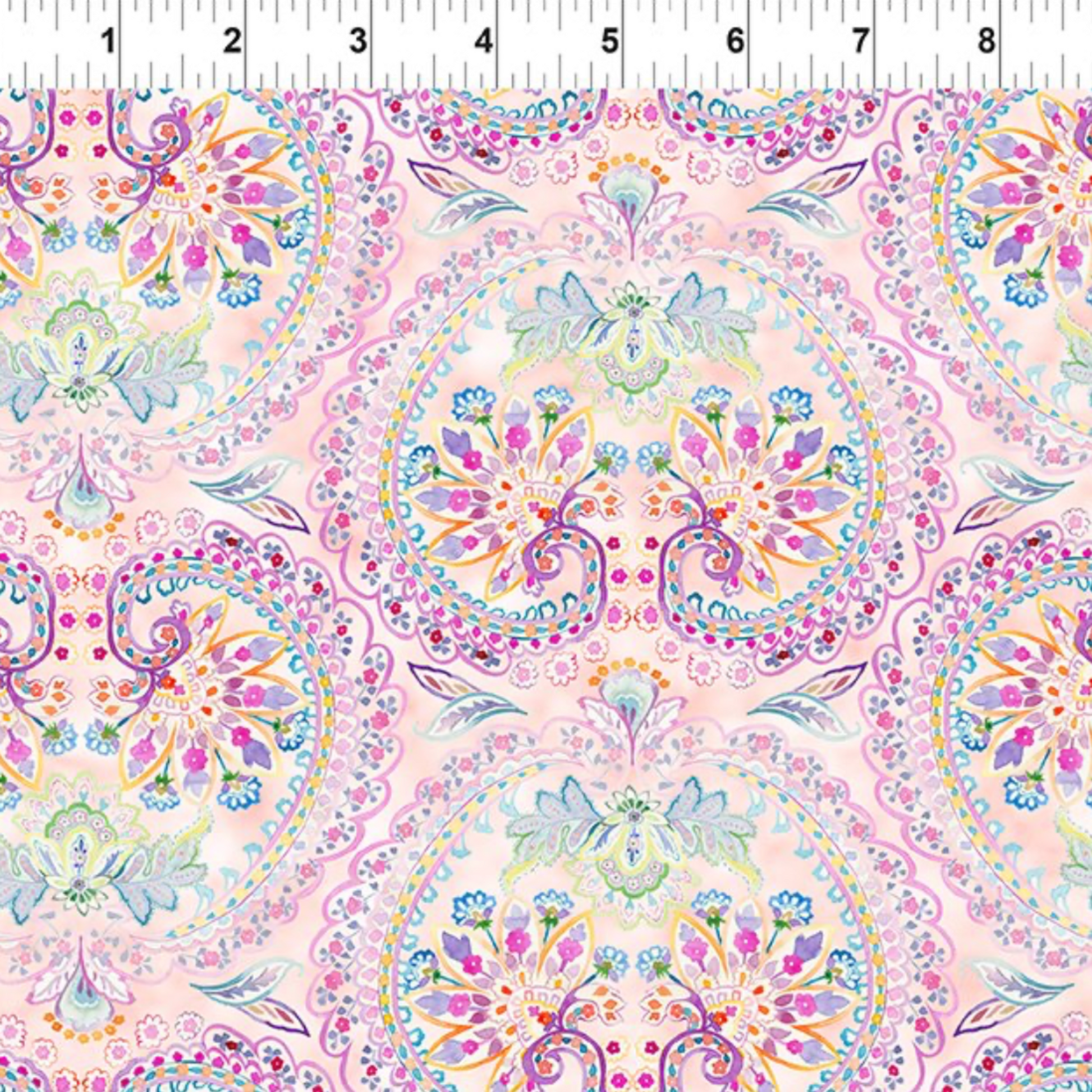 Daydreams Multi Floral Paisley quilting cotton fabric with ruler showing scale – large-scale ornate floral medallion and paisley damask in dreamy watercolor pastels of pink, lavender, purple, and teal on soft blush ground by Jason Yenter for In The Beginning Fabrics, digitally printed, 100% cotton, 3 yard cut