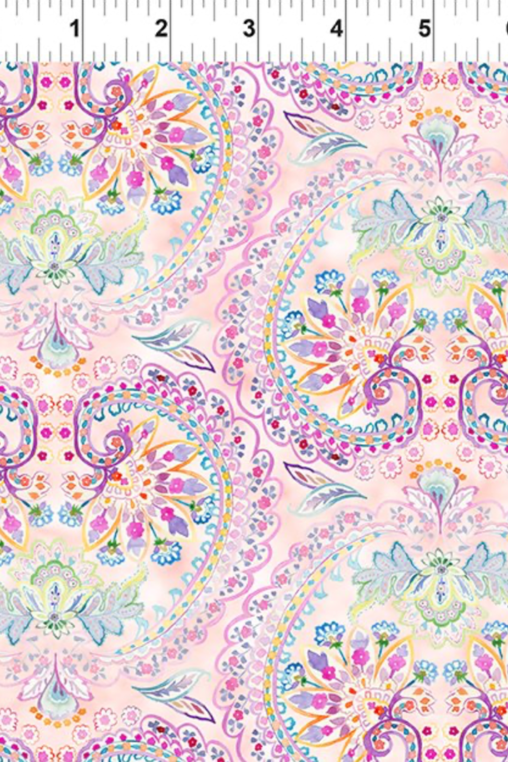 Daydreams Multi Floral Paisley fabric by Jason Yenter for In The Beginning Fabrics with ruler showing print scale – ornate floral medallions and paisley damask in dreamy watercolor pastels of pink, lavender, and teal on soft blush ground, digitally printed, 100% cotton, 3 yard cut