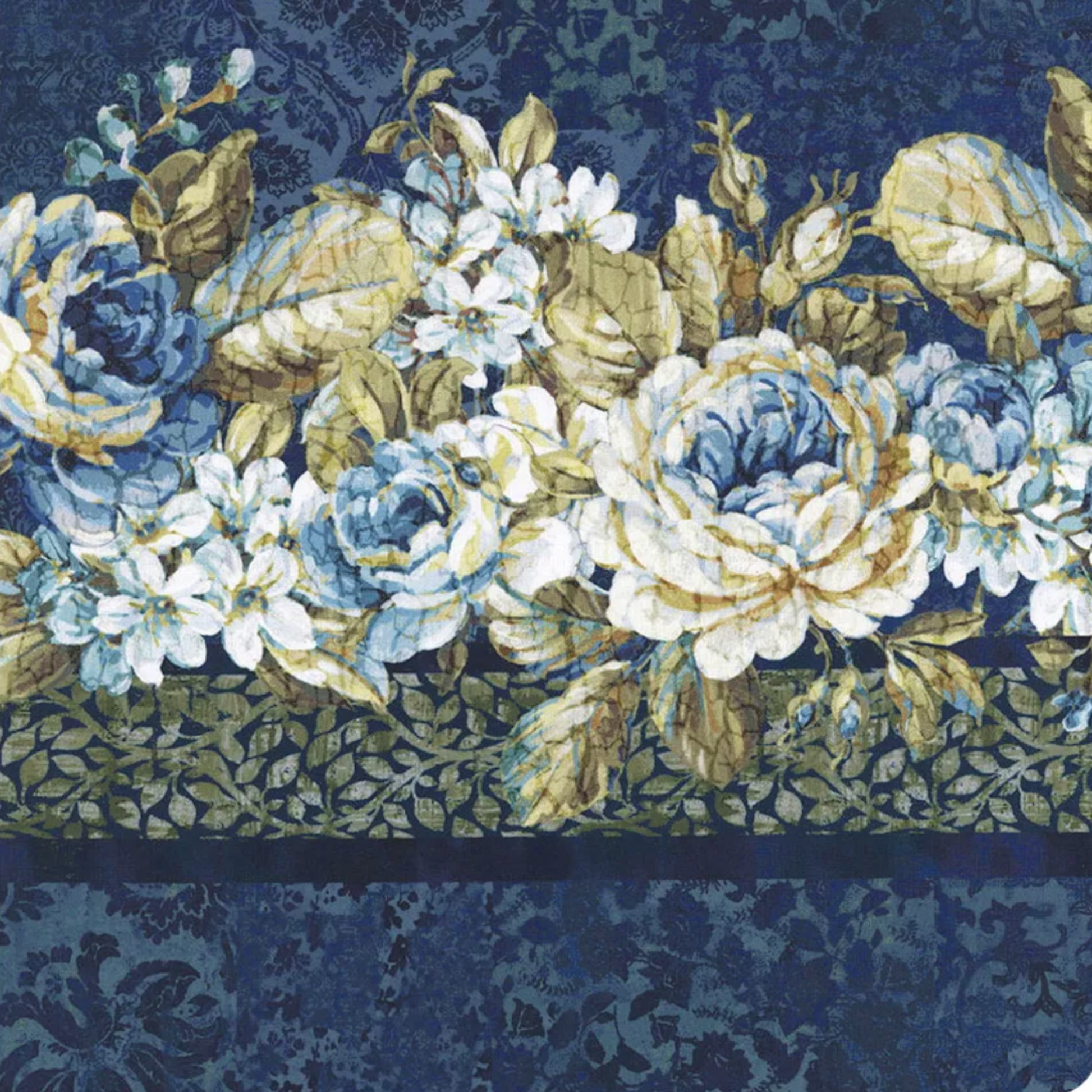 Carpet Bag Romance Blue Border Print quilting cotton fabric showing lush cascading floral garland stripe – ivory and blue roses, white hydrangeas, and olive foliage on deep navy damask ground with coordinating olive leaf border by Jason Yenter for In The Beginning Fabrics, 100% cotton, 3 yard cut