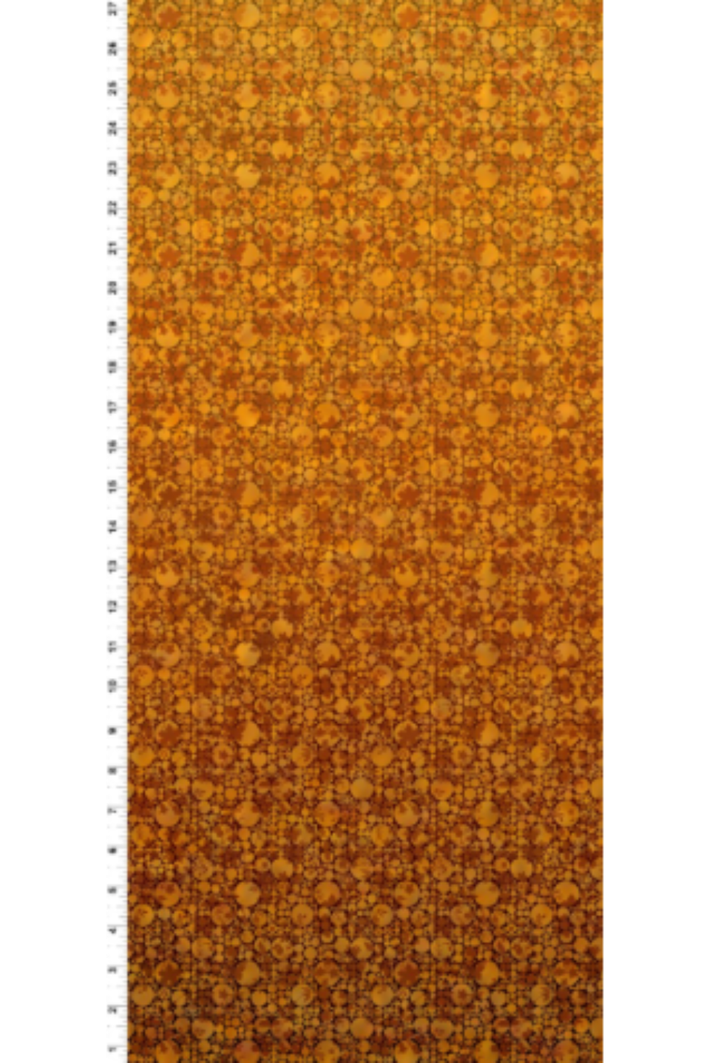 I Dream In Color Gold Ombre fabric by Jason Yenter for In The Beginning Fabrics with ruler showing scale – allover ombre bubble dot pattern shifting from golden yellow through amber and orange to deep burgundy-brown, perfect for warm-toned and ombre quilt projects, 100% cotton, 3 yard cut