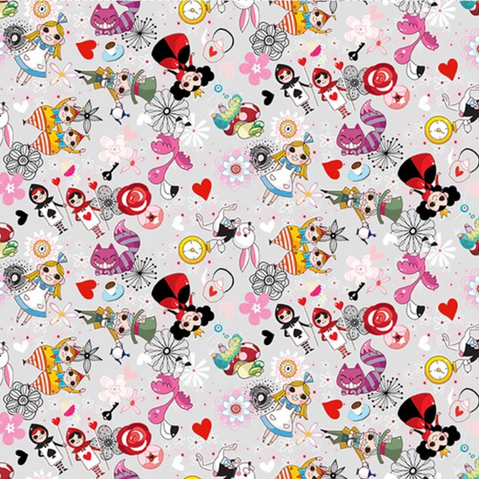 Alice Multi Characters quilting cotton fabric showing whimsical allover scatter print with Alice, Mad Hatter, Queen of Hearts, Cheshire Cat, White Rabbit, clocks, keys, hearts, and flowers in pink, red, black, yellow, and blue on soft grey by Jason Yenter for In The Beginning Fabrics, 100% cotton, 3 yard cut