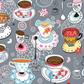Alice Multi Teacups fabric by Jason Yenter for In The Beginning Fabrics – whimsical allover scatter print with teacups, saucers, spoons, red hearts, and pink flowers on soft grey, perfect for children's quilts and novelty projects, 100% cotton, 3 yard cut