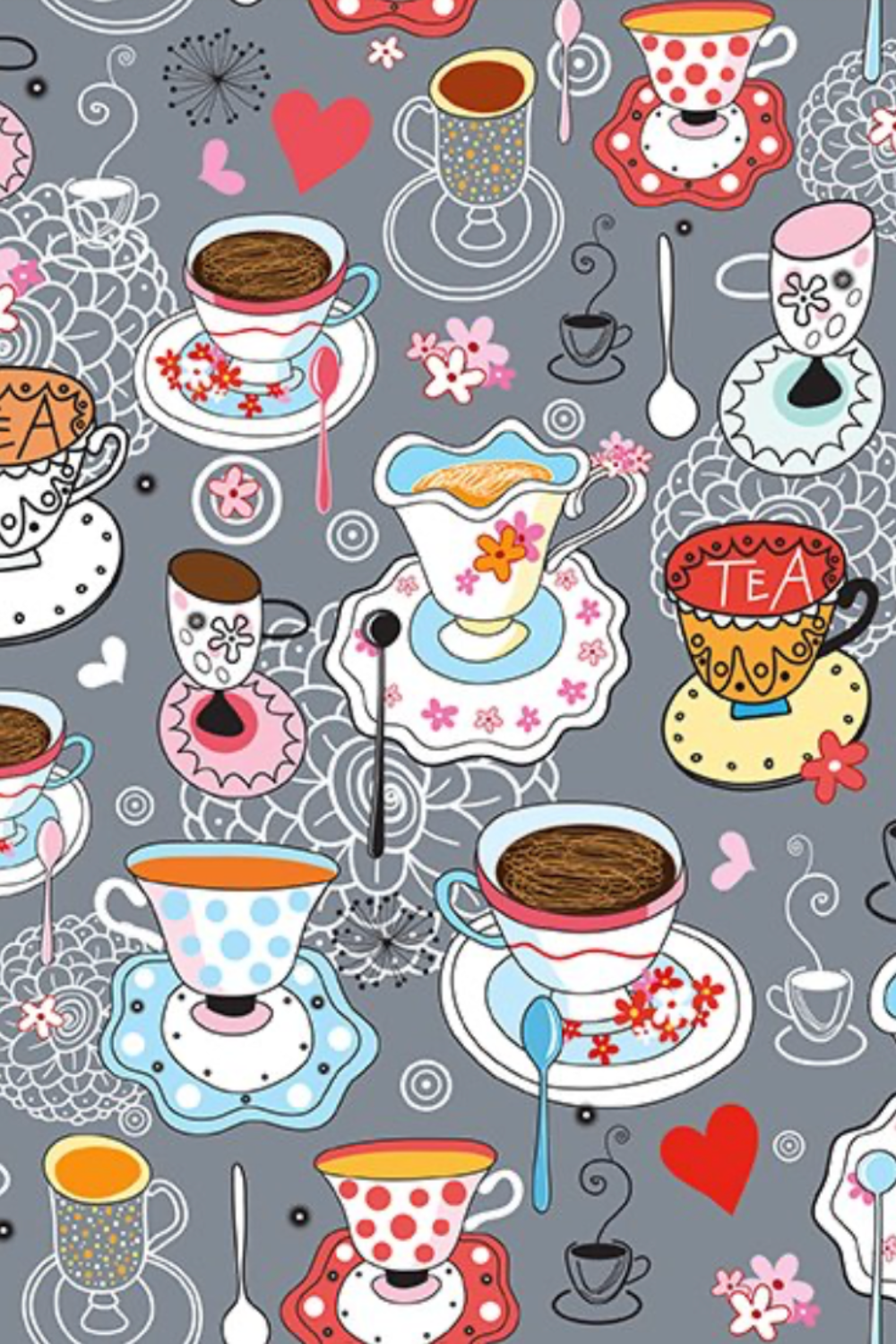Alice Multi Teacups fabric by Jason Yenter for In The Beginning Fabrics – whimsical allover scatter print with teacups, saucers, spoons, red hearts, and pink flowers on soft grey, perfect for children's quilts and novelty projects, 100% cotton, 3 yard cut